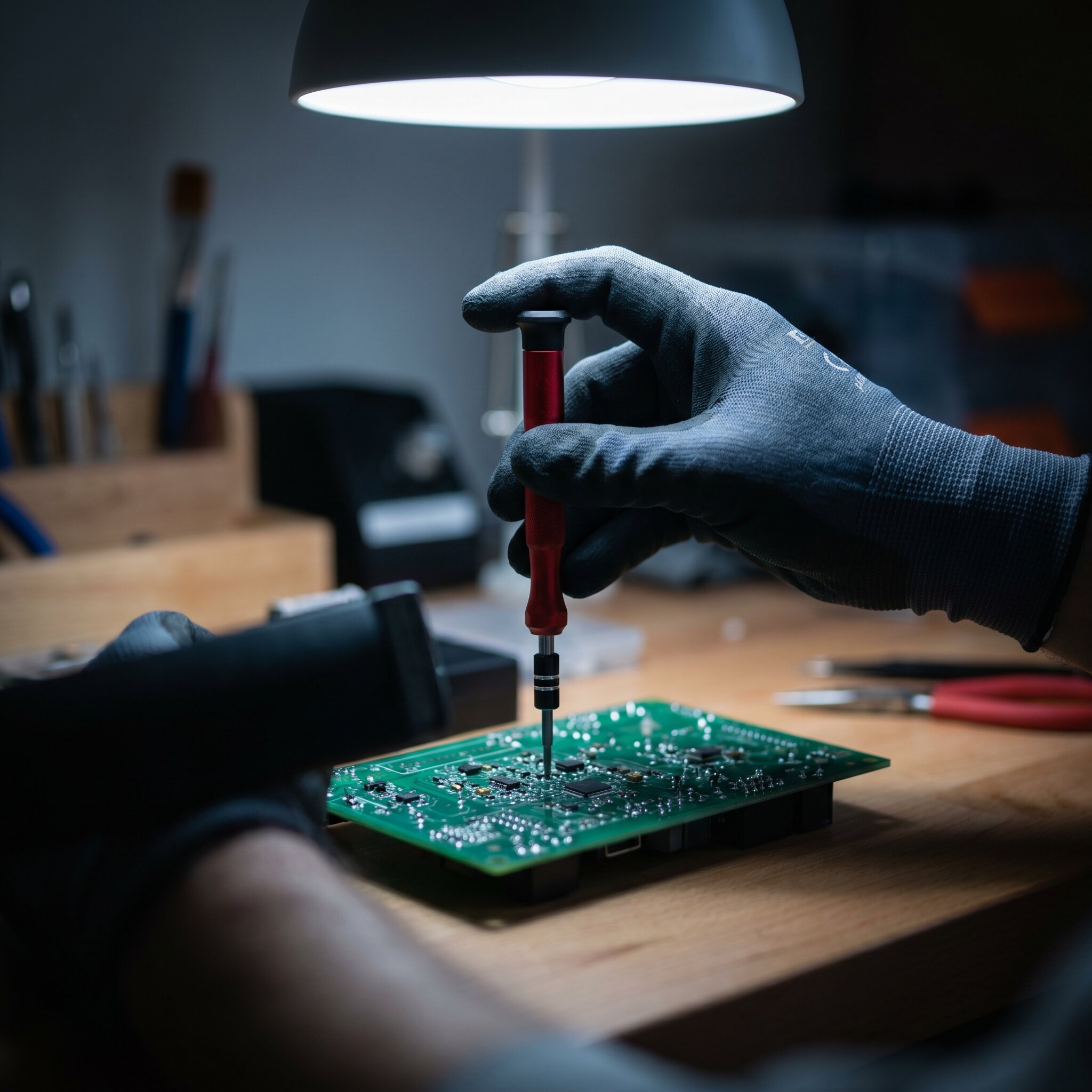 Engineer's hand assembling components on a lift control board.