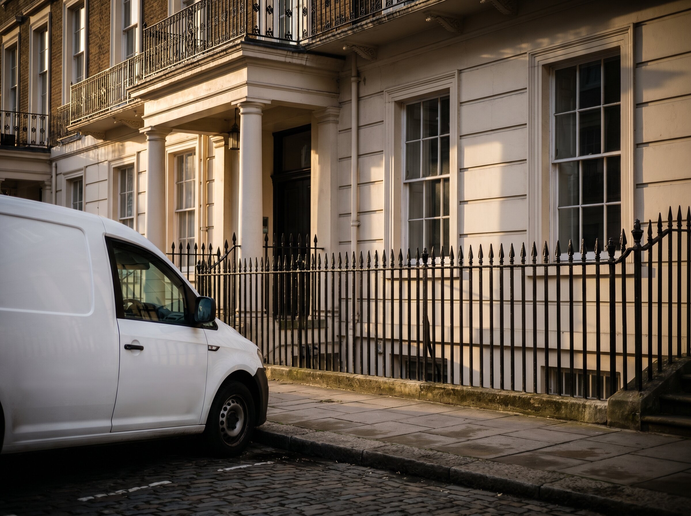 Plain white service van parked outside a London Georgian townhouse.