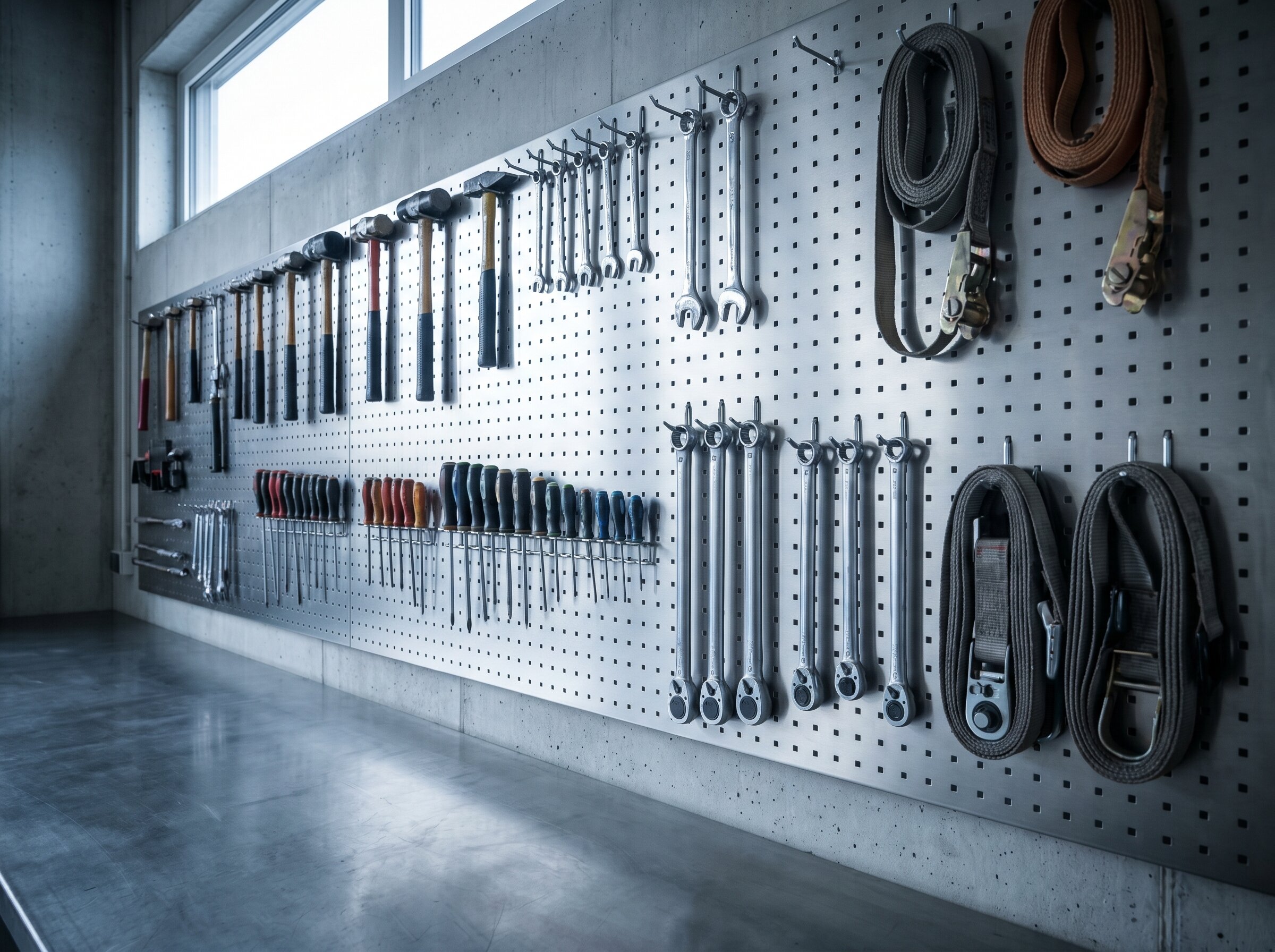 Workshop pegboard with neatly organised lift-service tools.