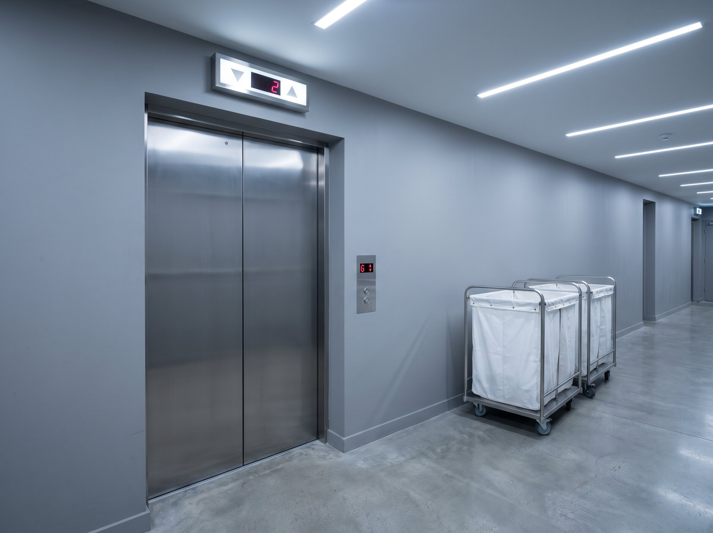 A hotel back-of-house service corridor with two-panel centre-opening brushed-stainless goods-lift doors midway along the wall and linen trolleys parked neatly against the polished concrete floor.