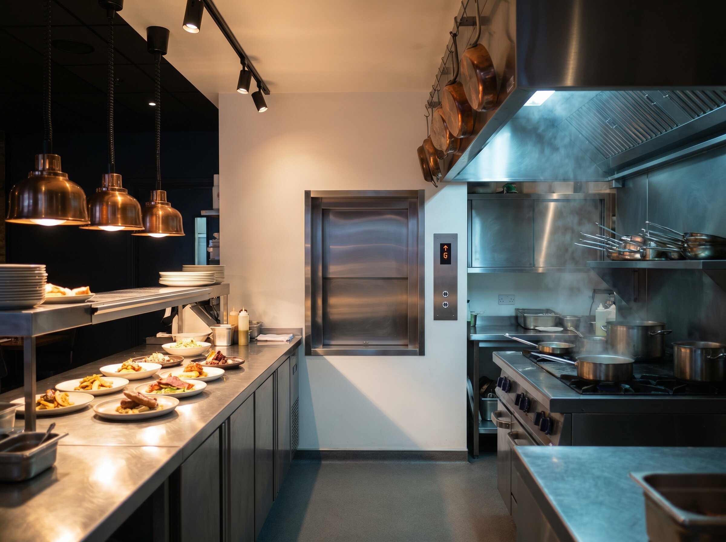 A professional restaurant kitchen pass-through with a compact stainless-steel dumbwaiter service-lift door set into the back wall and plated dishes waiting on the pass under warm spotlights.