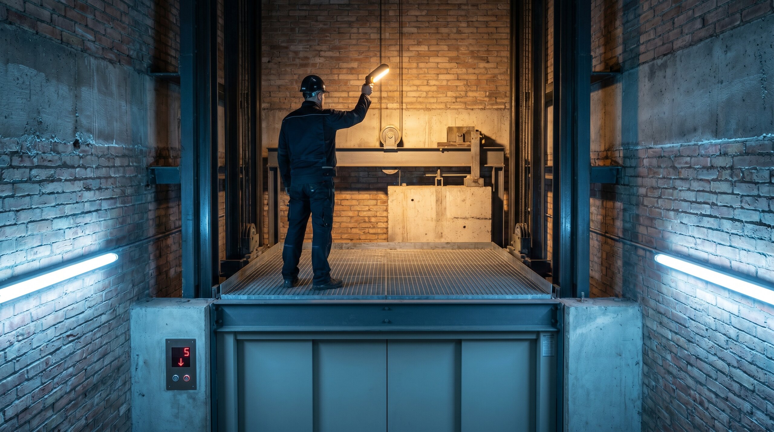 A lift inspector standing on top of a stationary lift car inside the shaft, illuminating the guide rails and counterweight with an LED inspection torch.