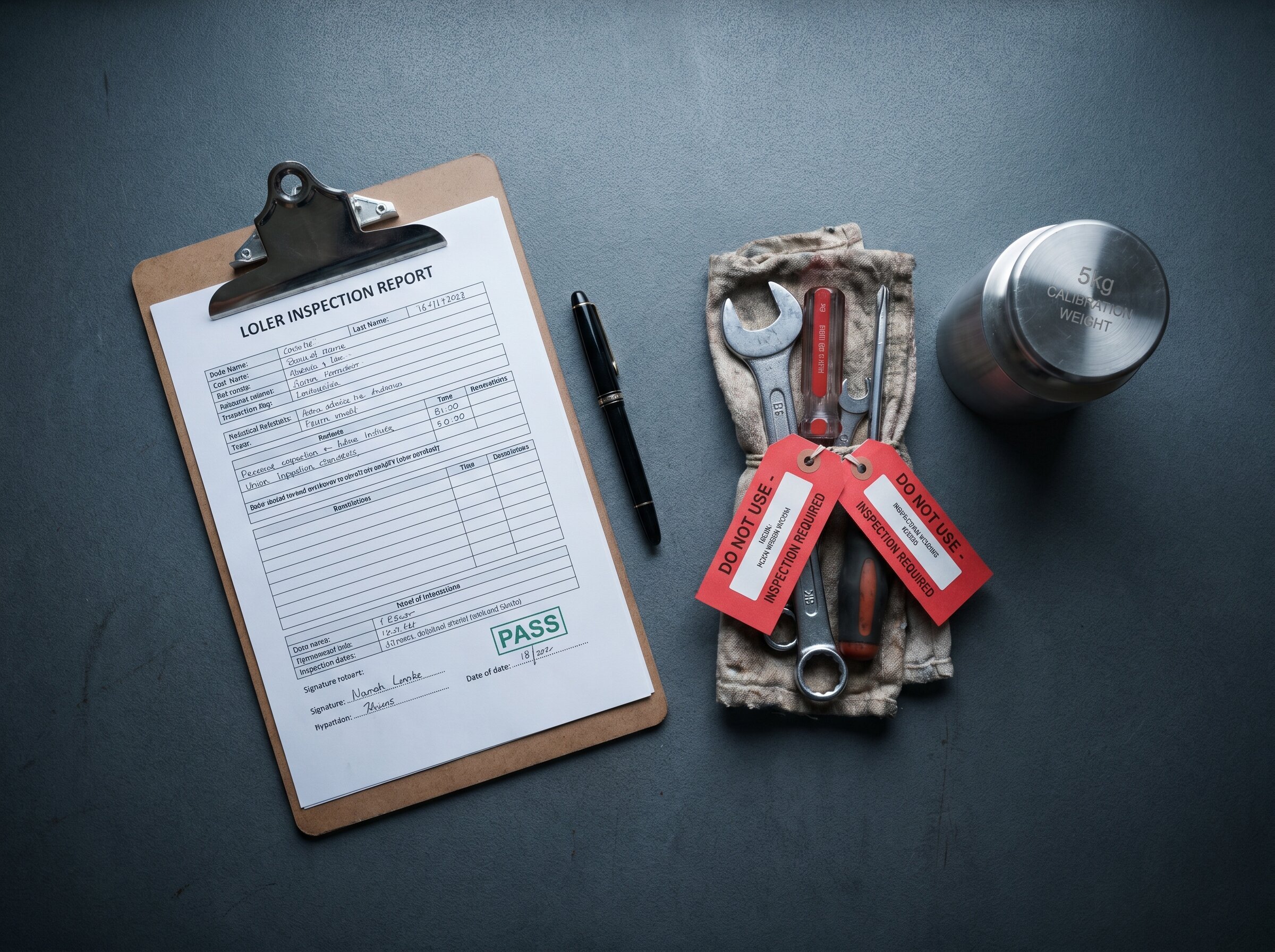 Top-down view of a clipboard holding a printed LOLER inspection report and a fountain pen, beside red-tagged tools and a steel calibration weight on a workshop surface.