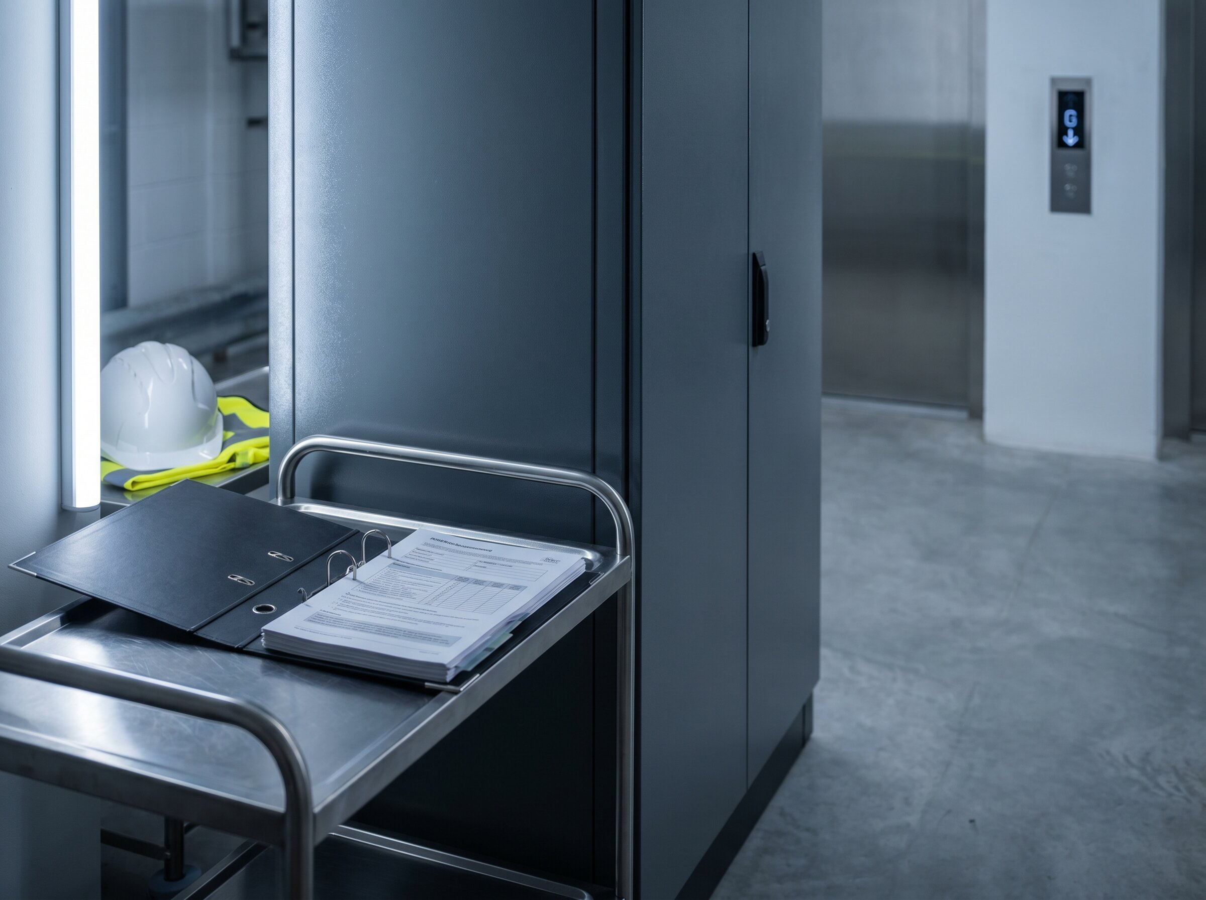 A black ring-bound PUWER risk-assessment folder propped open on a service trolley beside a closed lift-machinery control cabinet, with a safety helmet and hi-vis vest resting behind it.