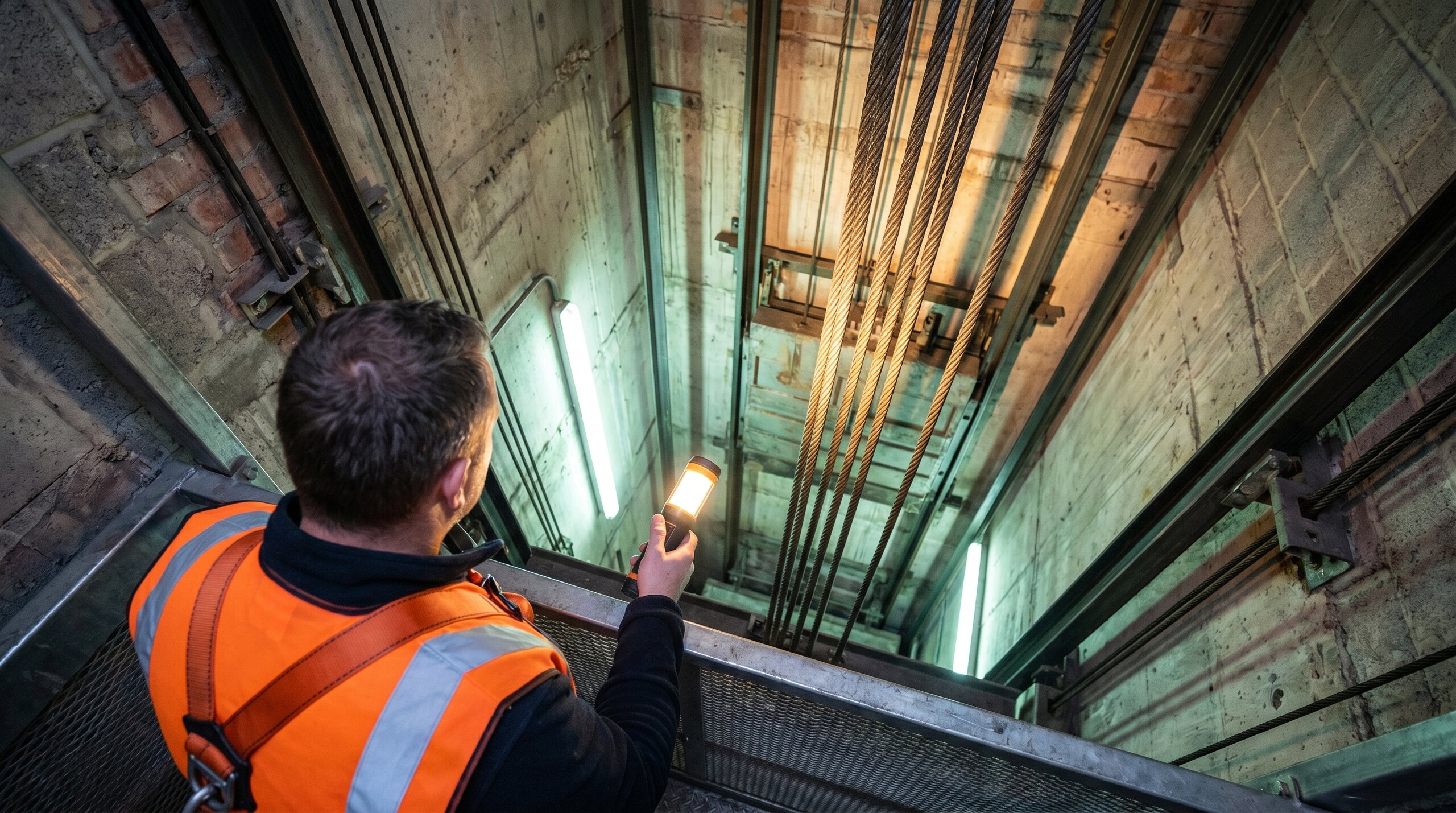 Lift inspector with a torch examining suspension ropes from on top of a lift car.
