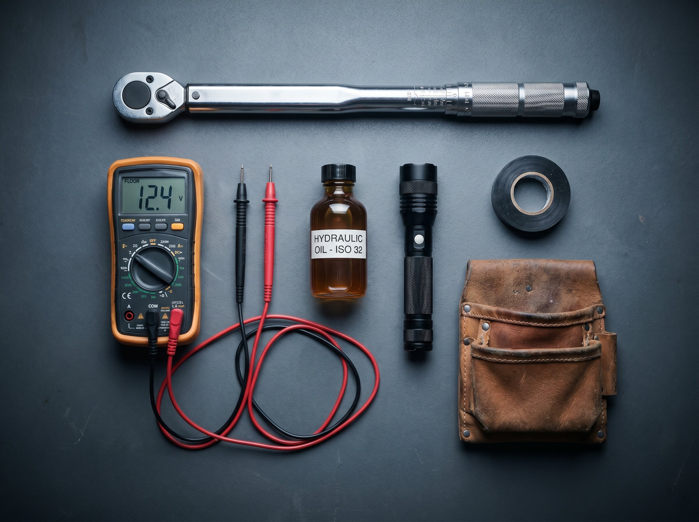 Lift machine-room hardware with a parts catalogue and service-record clipboard on the platform.