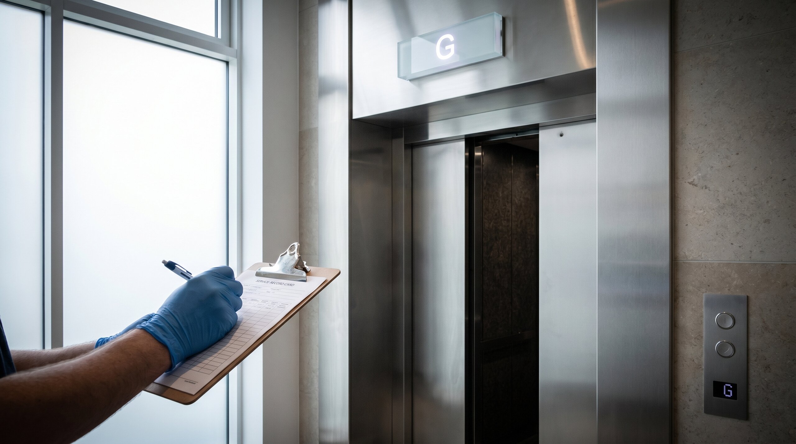 BASE engineer reviewing a maintenance contract proposal alongside a printed lift service log.