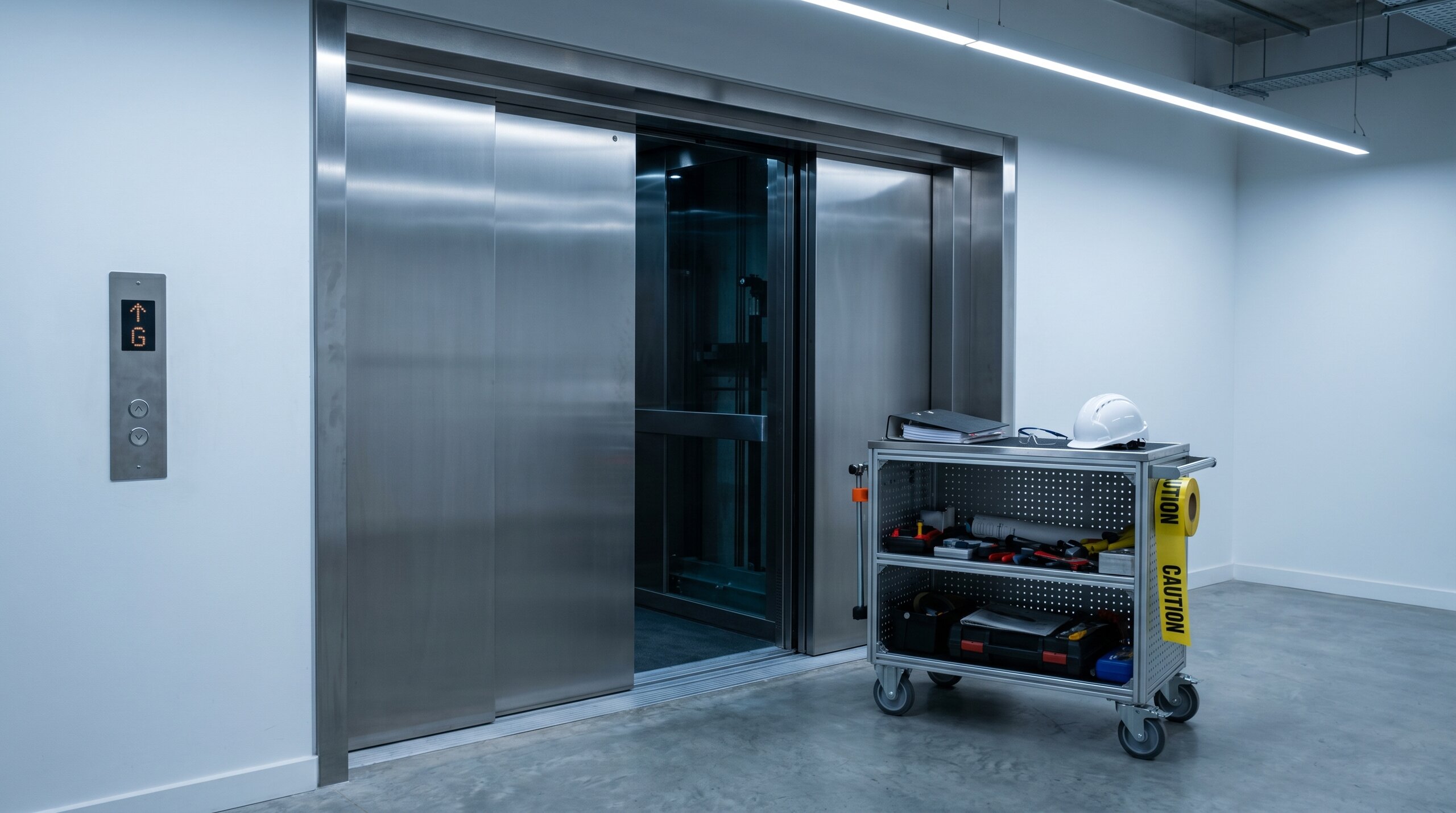 Lift maintenance engineer reviewing a PUWER risk assessment alongside the lift control panel in a workplace.