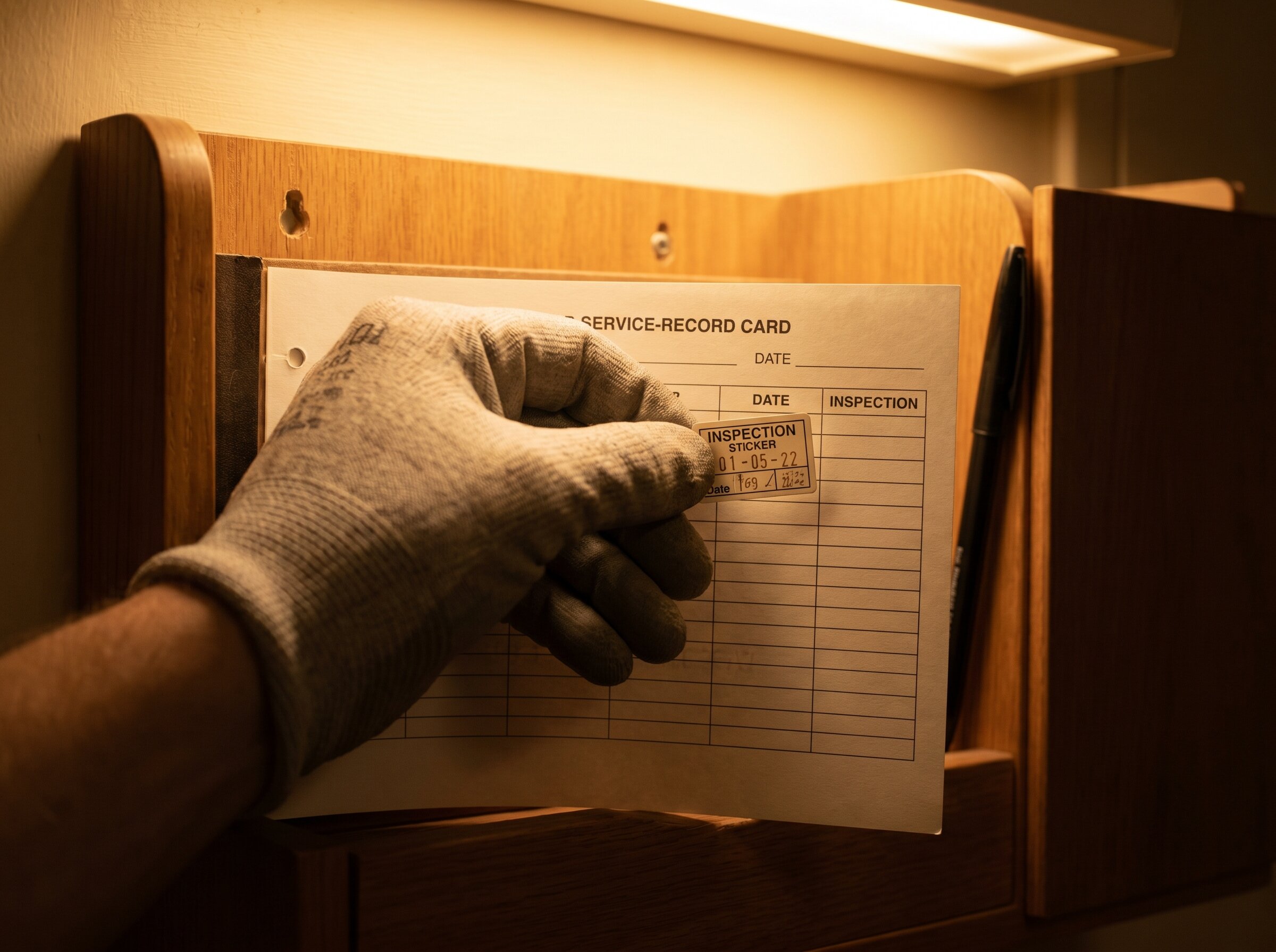 Service log book open beside a lift control panel showing scheduled visit stamps.