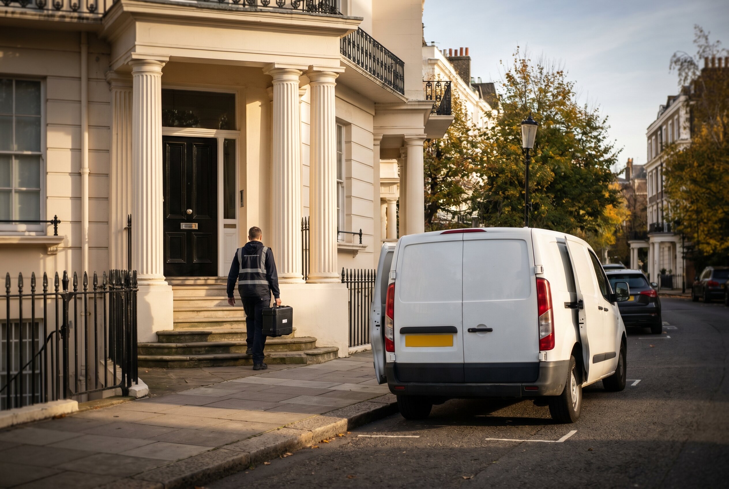A lift engineer carrying a black hard-shell toolcase up the entrance steps of a London Georgian townhouse from an unbranded white service van, late-afternoon golden light.