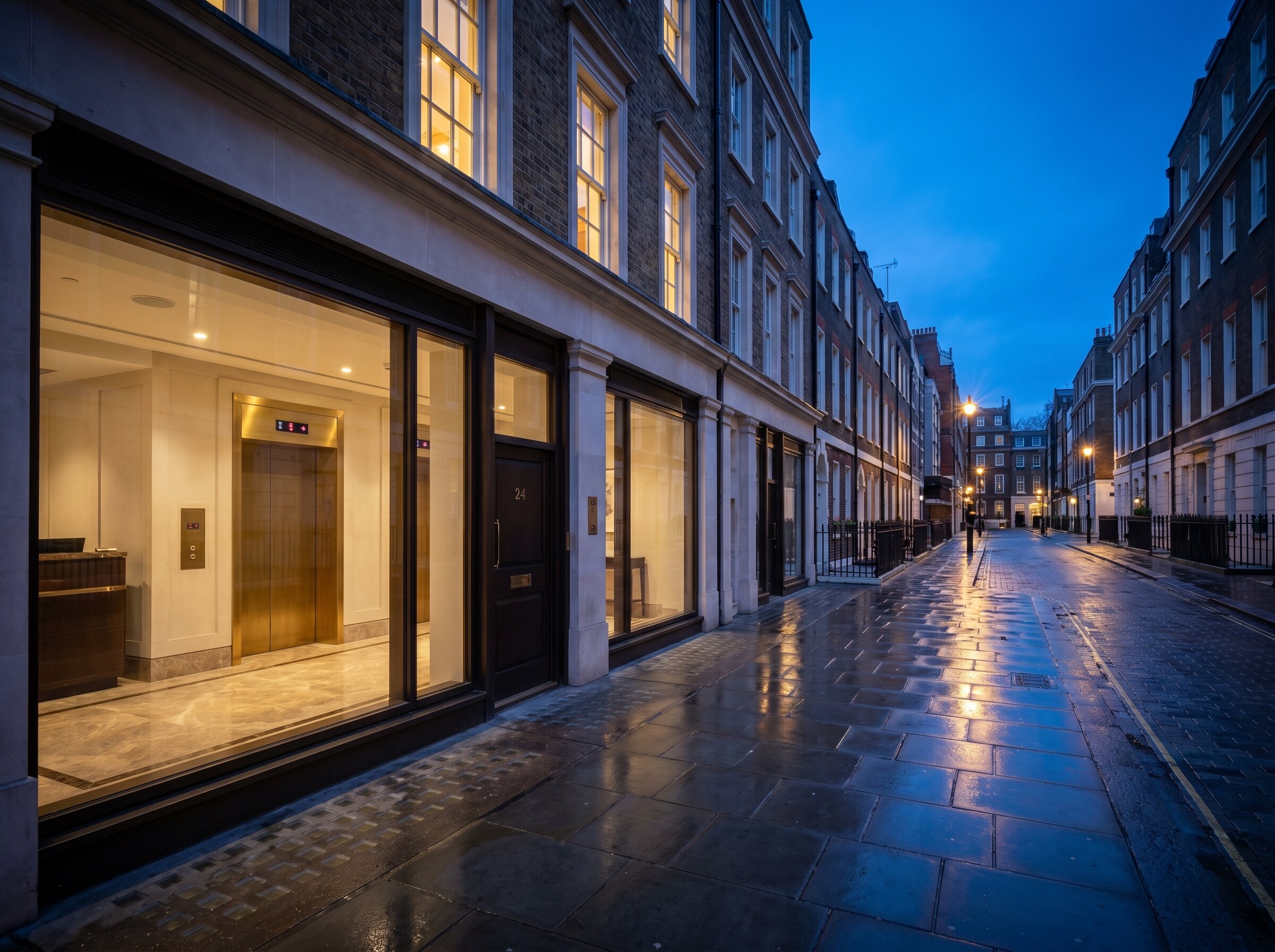 A row of restored period London townhouses at blue-hour dusk, warm interior lights showing in upper-floor windows and wet paving reflecting the sky.