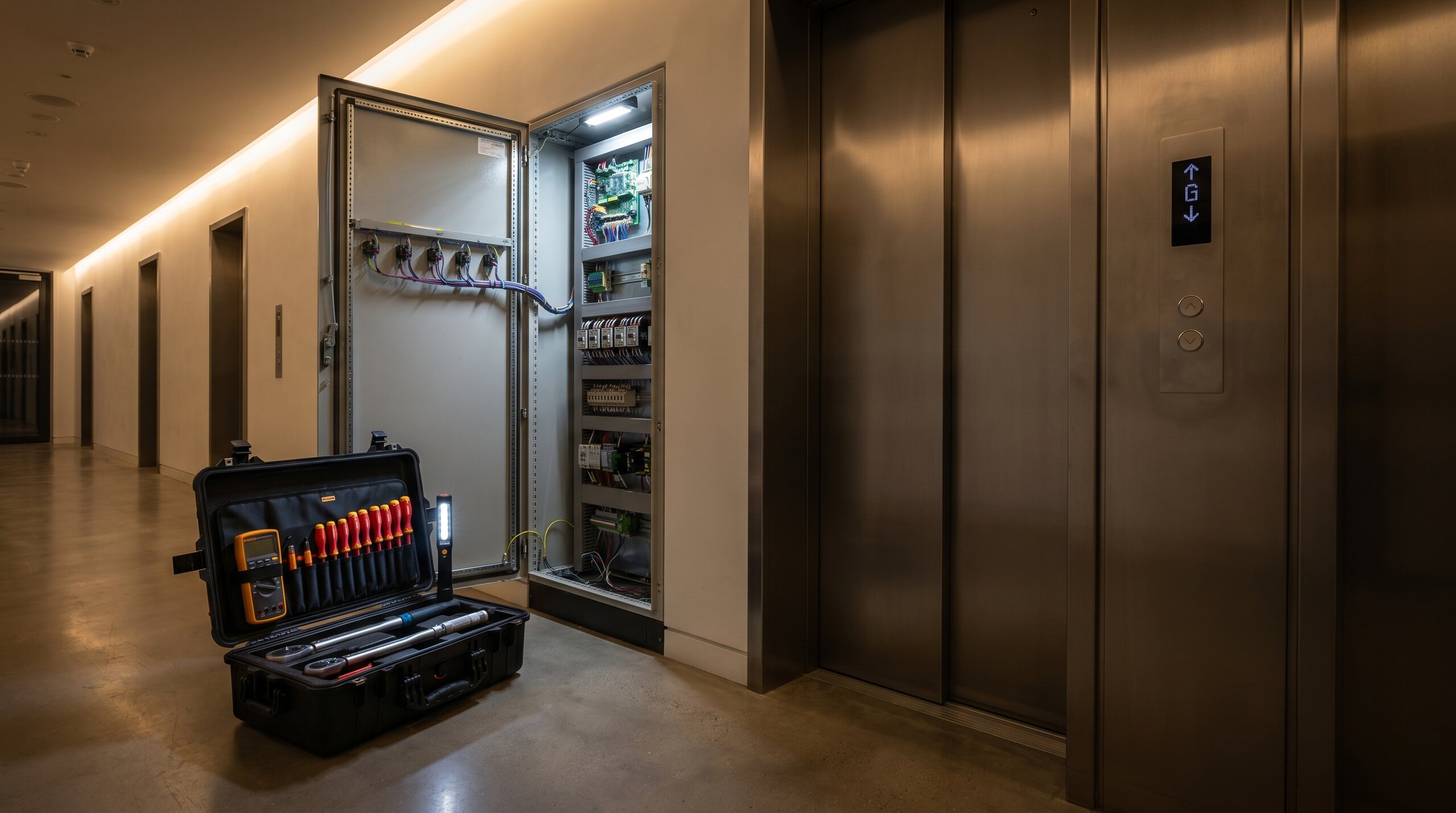 A lift engineer's open black hard-shell toolcase laid out on the floor in front of an open lift-machinery control cabinet at a quiet after-hours landing, with tools fanned out neatly and contactor wiring visible inside the cabinet.