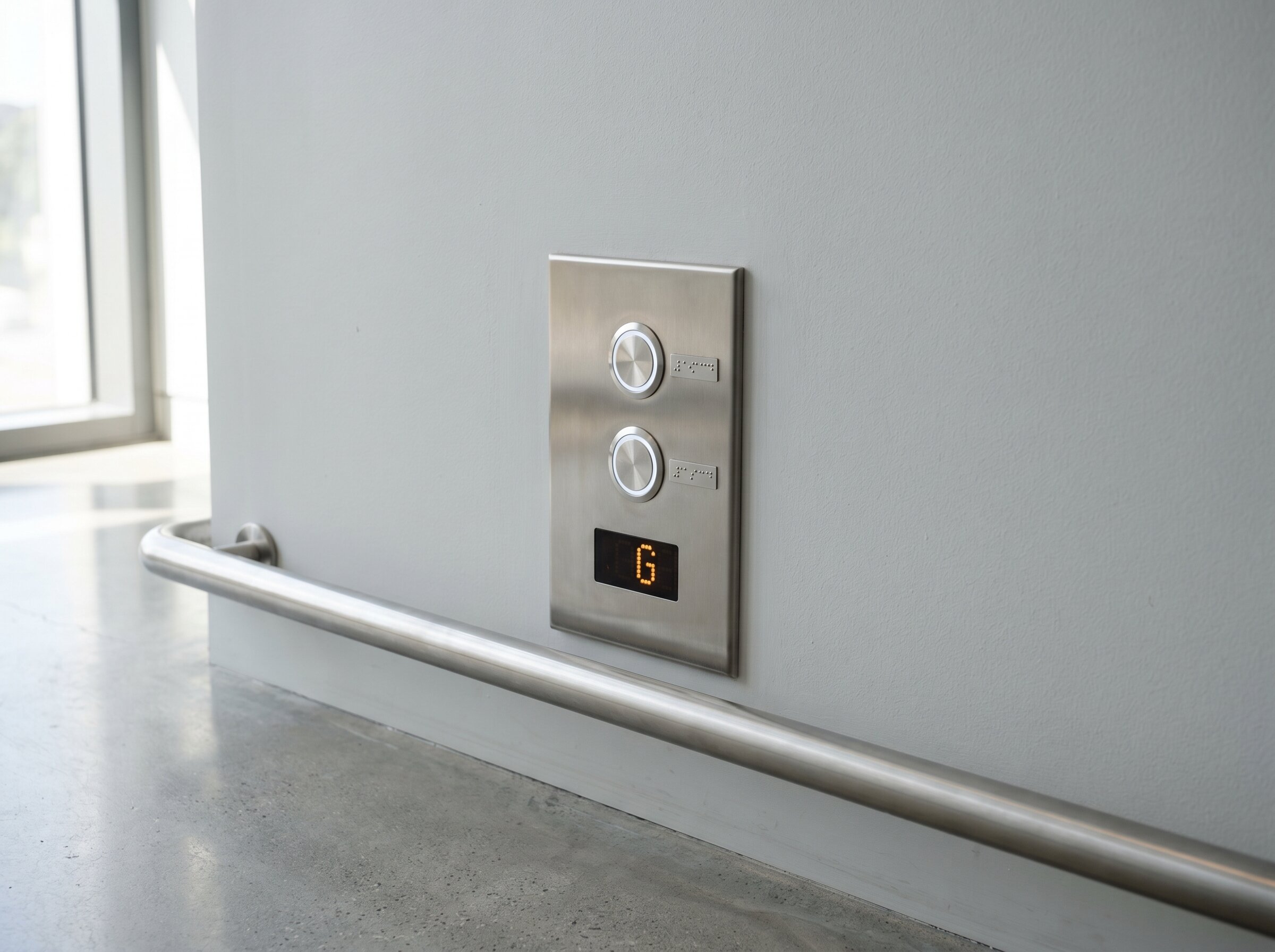 Low-mounted brushed-stainless accessibility landing panel with two high-contrast round call buttons, tactile braille strips and a warm-amber LED floor indicator showing G.
