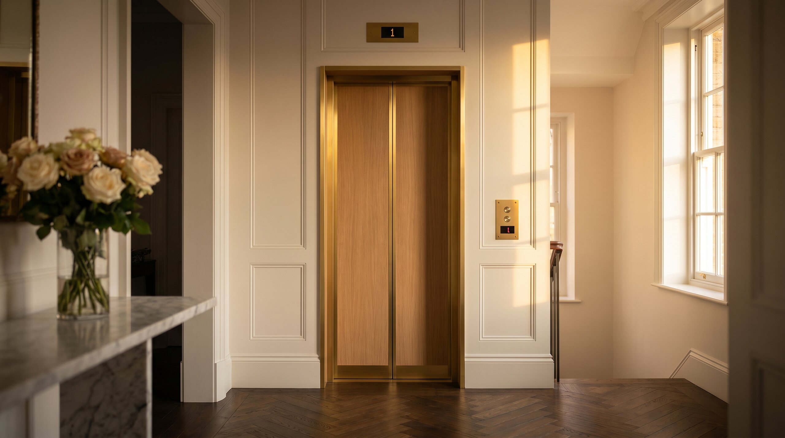 Domestic mini home-lift with oak-veneer cab door and brass surround in the panelled hall of a UK period townhouse.