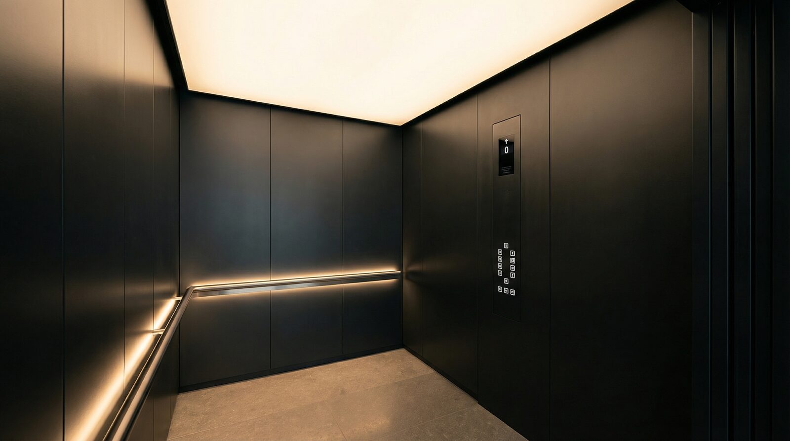 Bold contrast cab interior theme — dark walls with bright stainless steel column and contrast trim