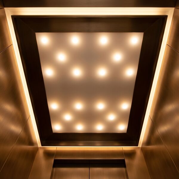 Boutique bronze theme — ceiling detail with edge-lit warm LED panel