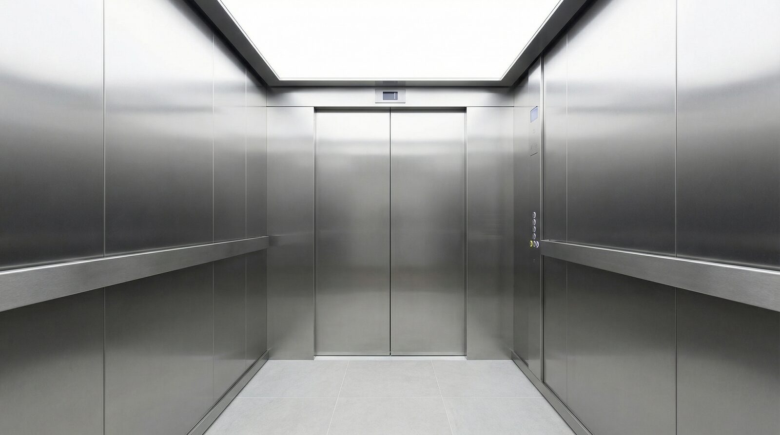 Contemporary cab interior theme — brushed stainless walls with grey vinyl floor and LED edge lighting