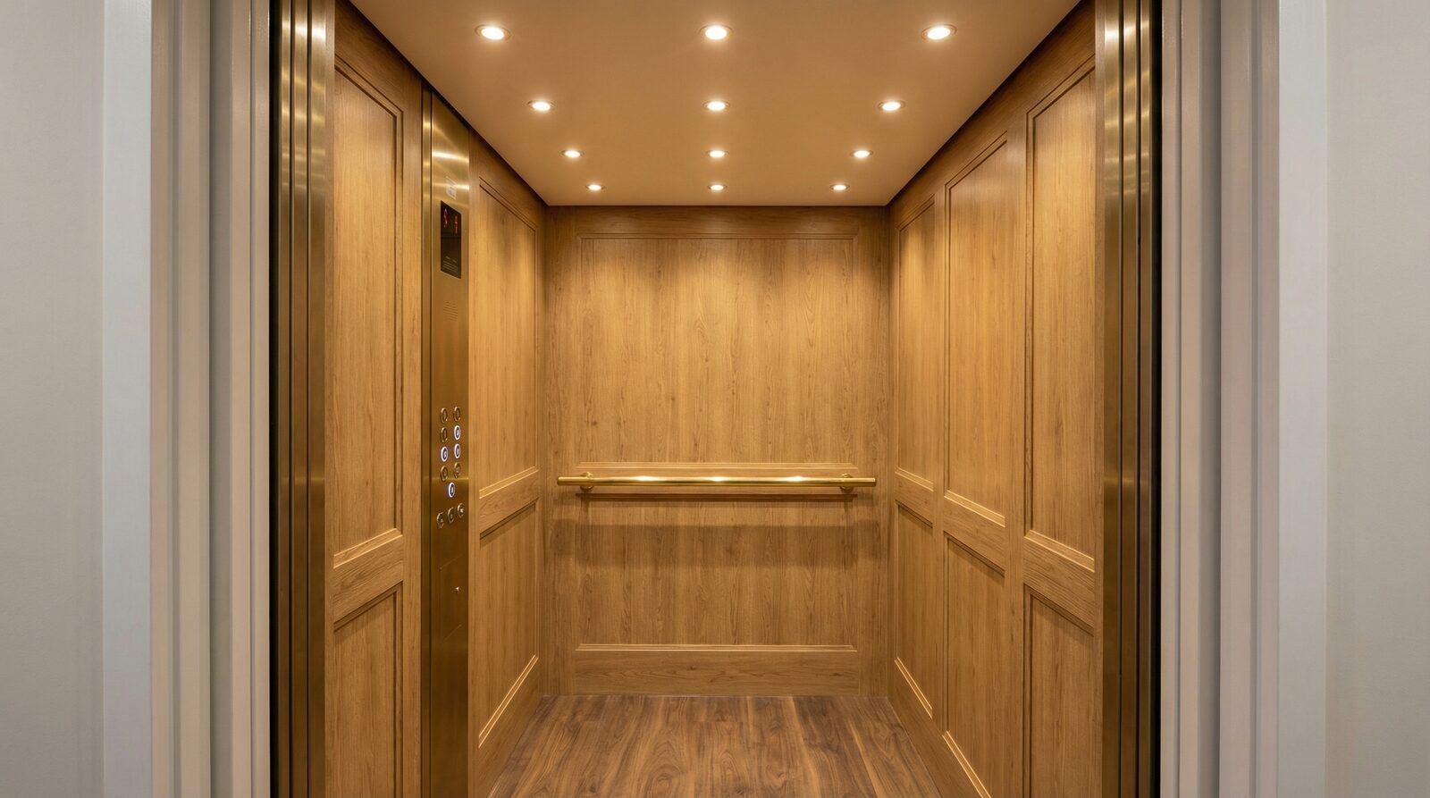 Warm heritage cab interior theme — oak veneer walls with brass detail and feature mirror