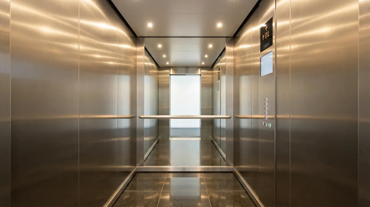 Same lift after BASE modernisation — brushed stainless interior, modern COP, LED edge lighting