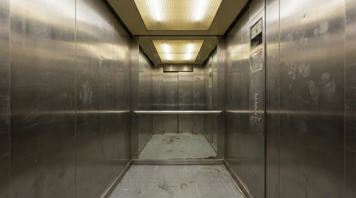 Same lift before BASE modernisation — tired cab interior, worn flooring, dated fixtures