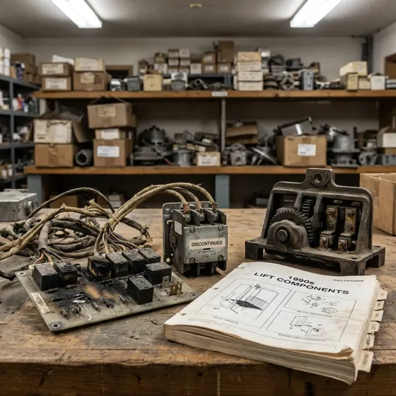 Obsolete relay-logic lift controller with discontinued OEM parts — typical 1990s installation