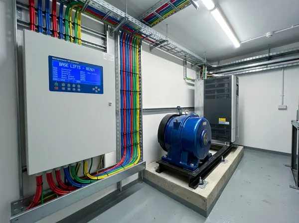 Lift machine room with modern PLC controller and traction drive — full drive and controls modernisation in progress